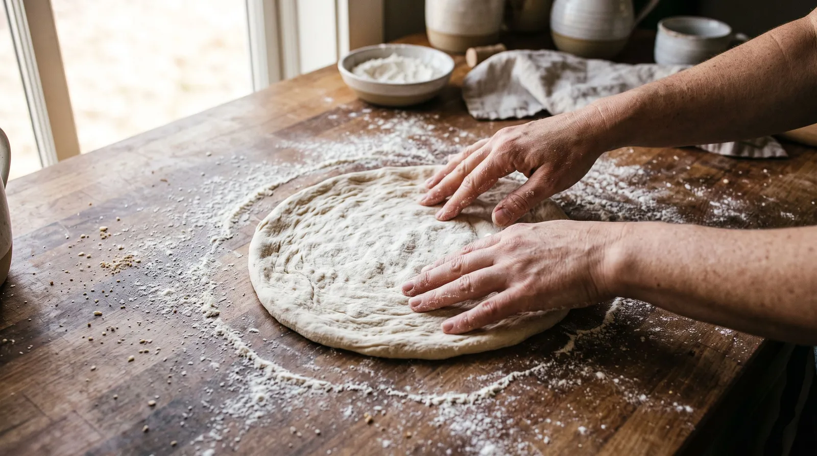Mains étalant une pâte à pizza sur un plan de travail fariné, geste de pression du bout des doigts