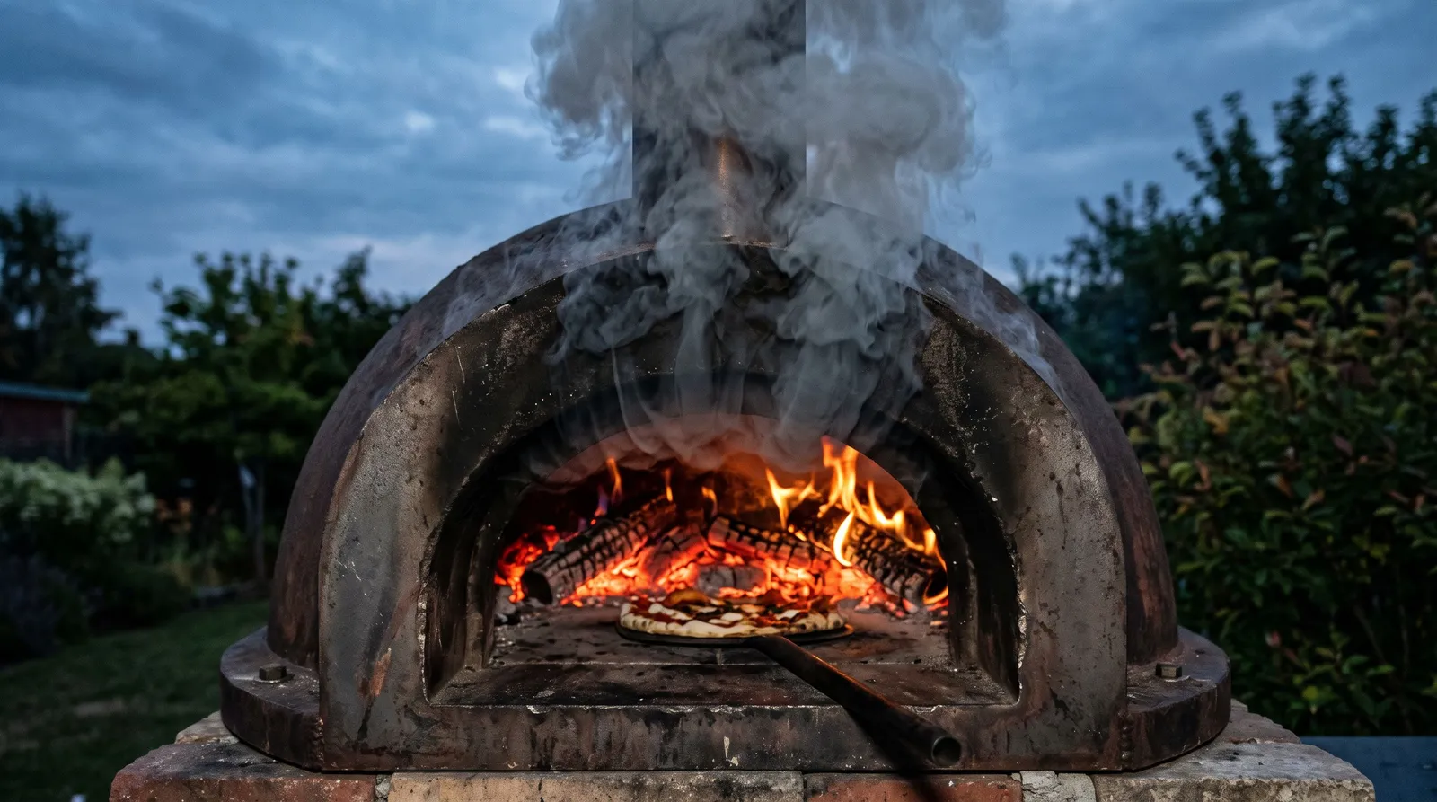 Épaisse fumée grise s'échappant de l'ouverture d'un four à pizza au bois en pleine cuisson