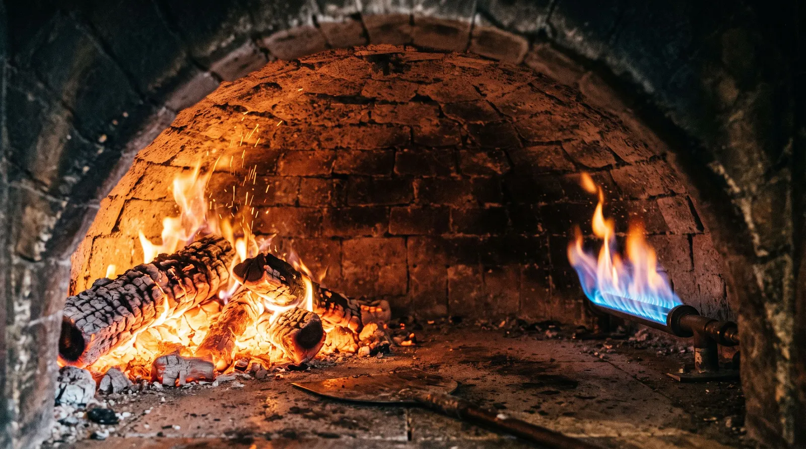 Braises de bois et petite flamme de gaz cohabitant dans la même chambre de four à pizza