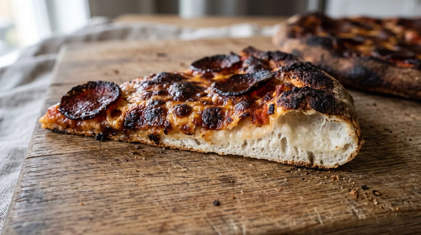 Tranche de pizza coupée montrant un dessus carbonisé et une mie pâle et dense à l'intérieur