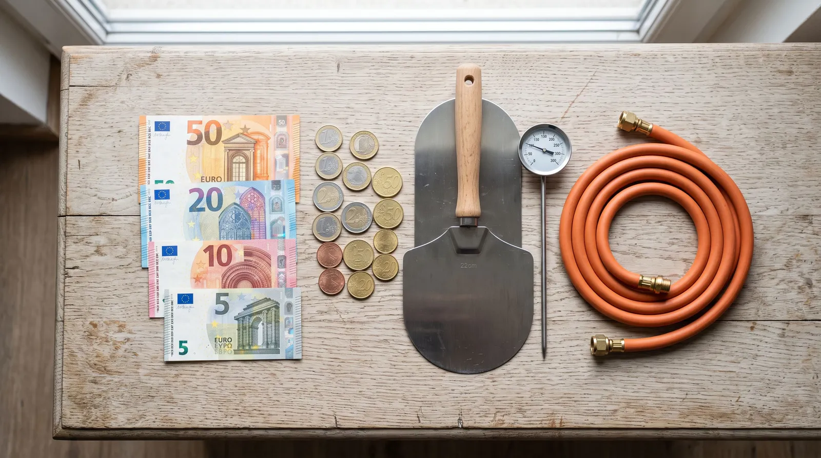 Billets et pièces en euros disposés à côté d'accessoires de four à pizza, pour représenter le budget total